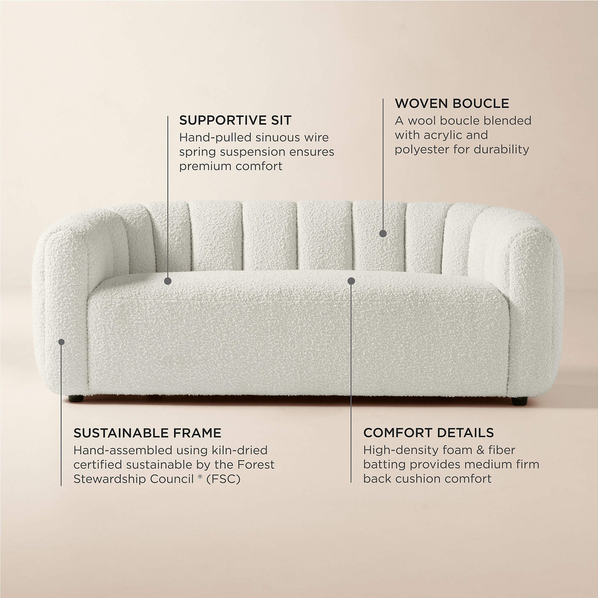 Fitz 72.5" Channeled White Boucle Loveseat