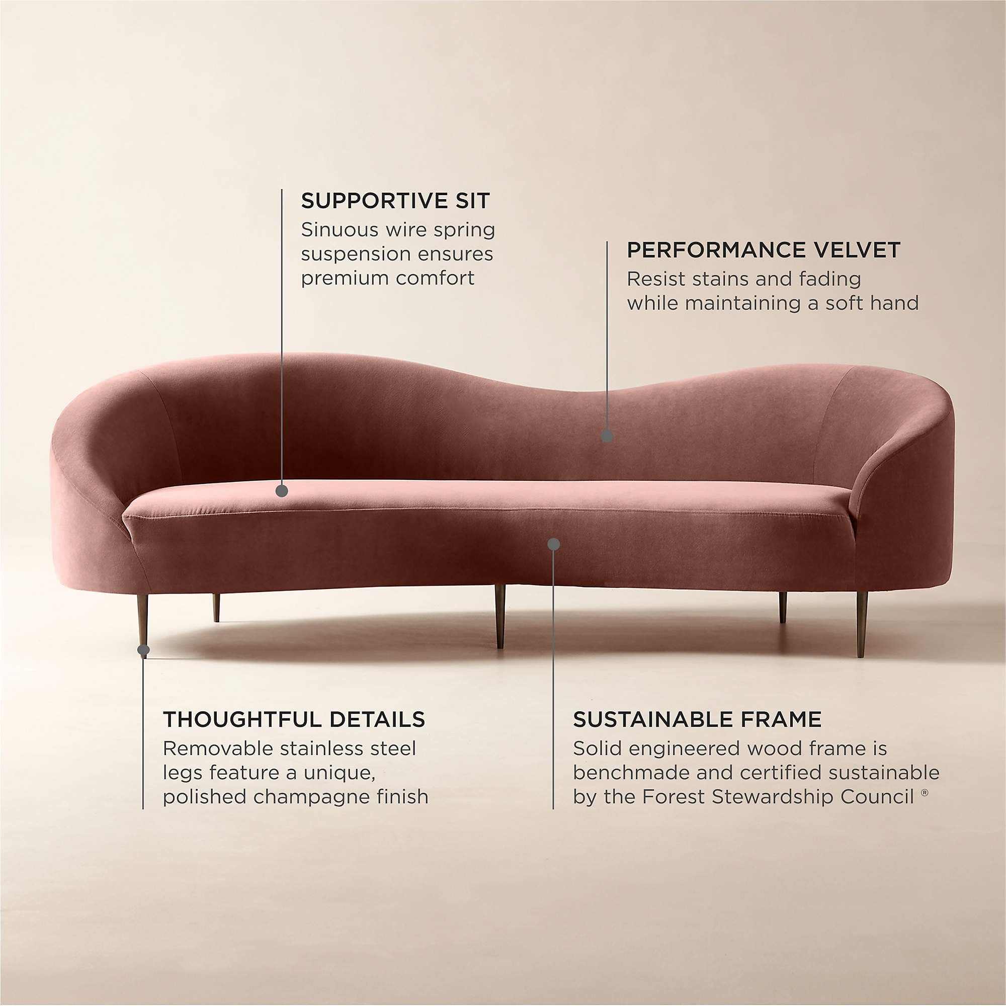 Curvo 96.5" Rose Velvet Sofa by goop