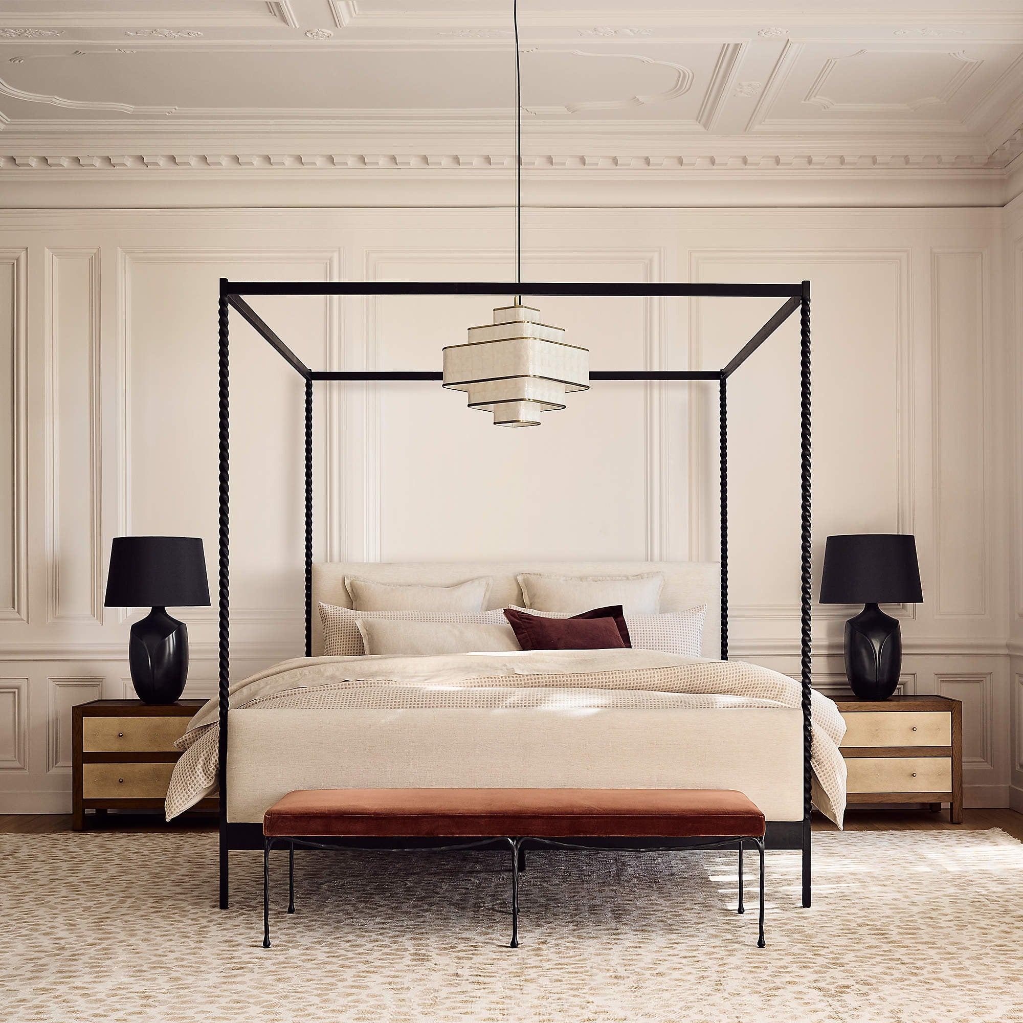 Amani Hand-Forged Steel Framed Warm White Upholstered Canopy King Bed