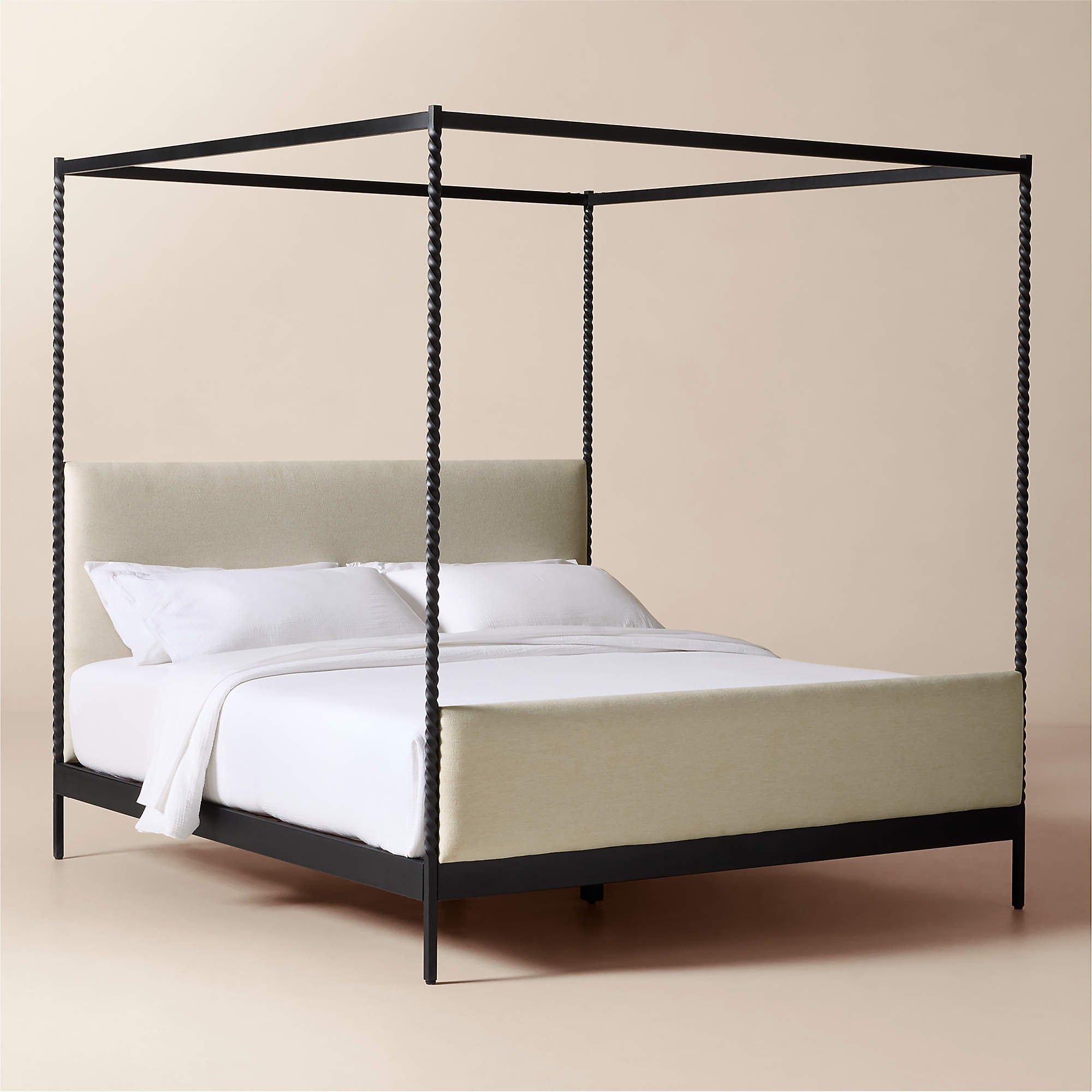 Amani Hand-Forged Steel Framed Warm White Upholstered Canopy King Bed