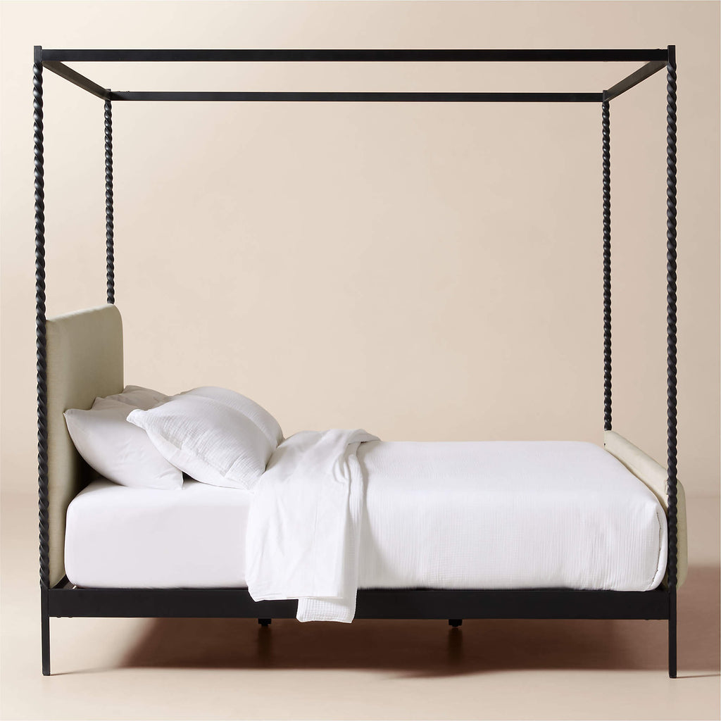 Amani Hand-Forged Steel Framed Warm White Upholstered Canopy King Bed