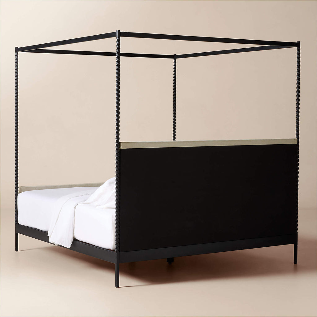 Amani Hand-Forged Steel Framed Warm White Upholstered Canopy King Bed