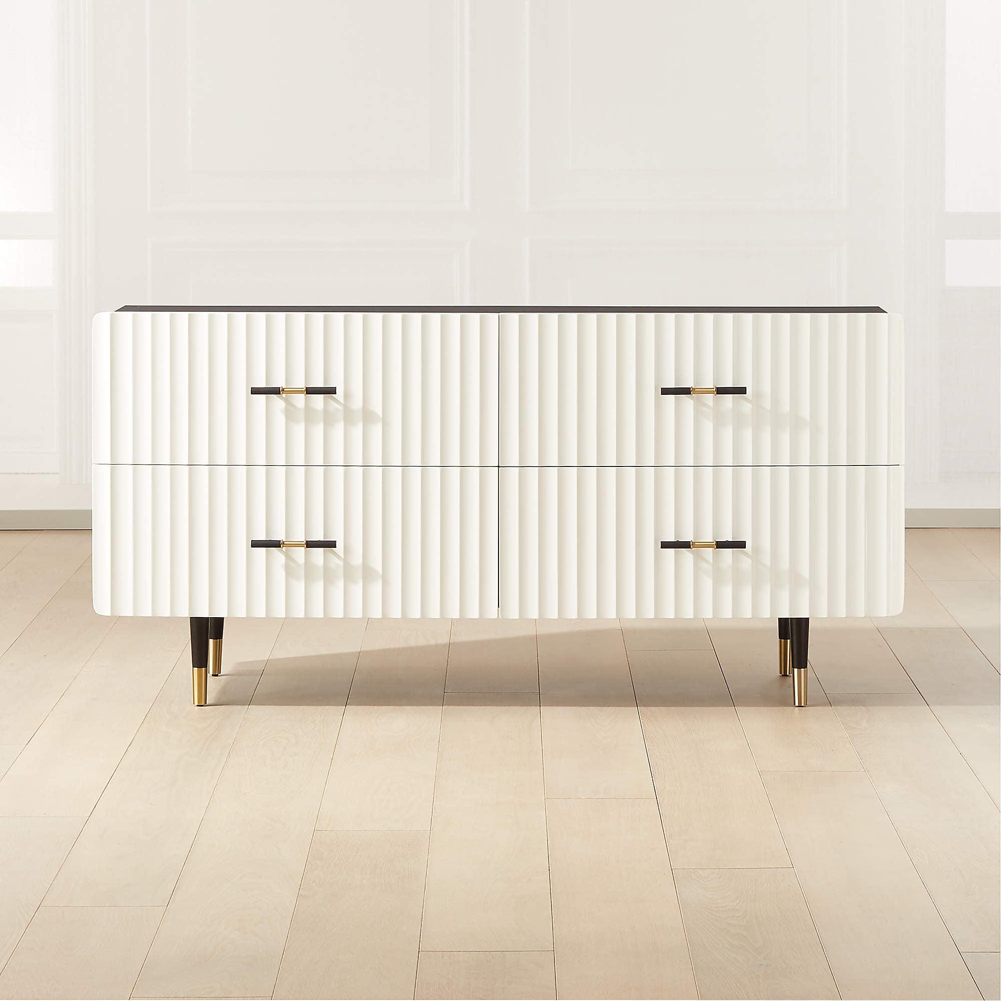 Crimped 59" White Lacquered Oak 4-Drawer Dresser