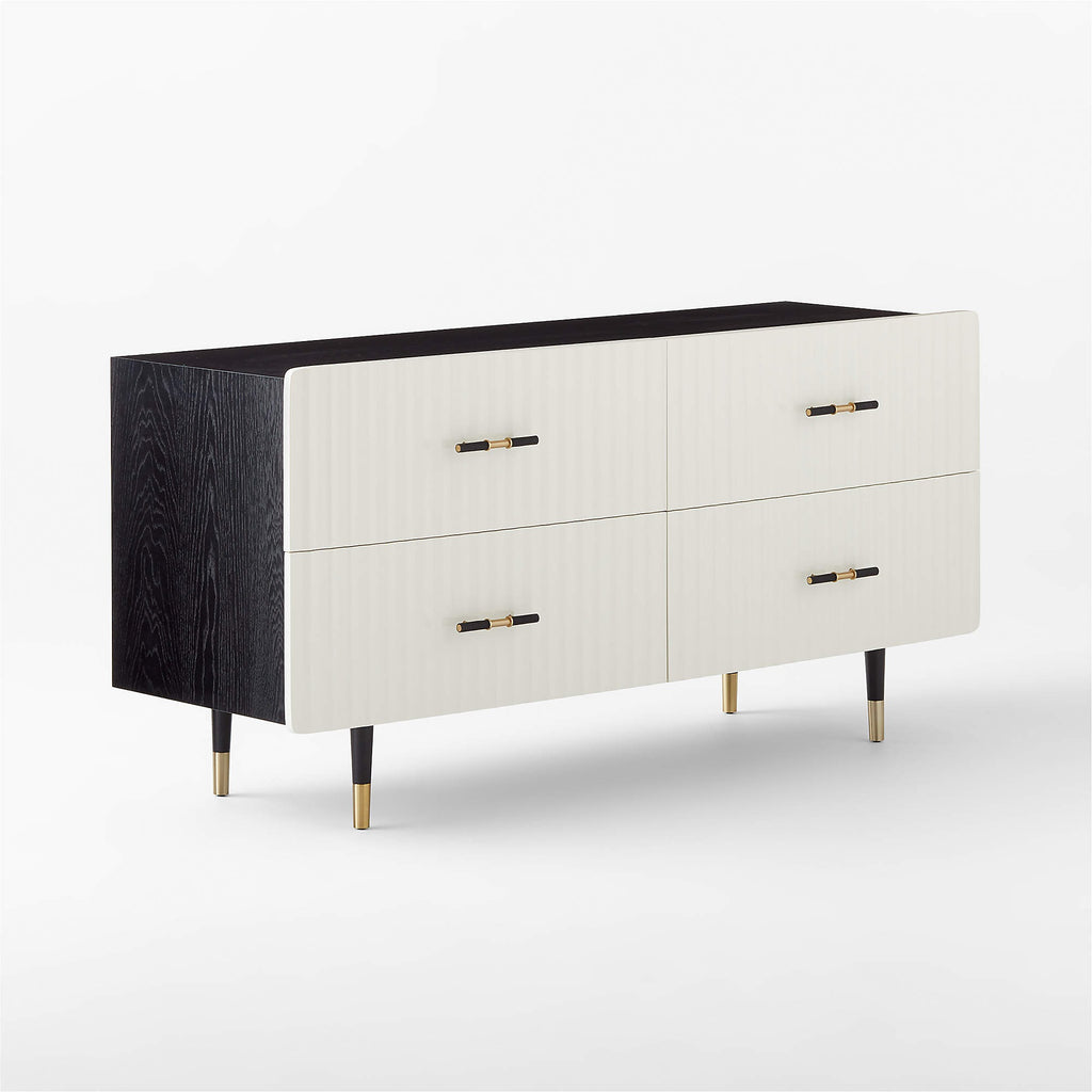 Crimped 59" White Lacquered Oak 4-Drawer Dresser