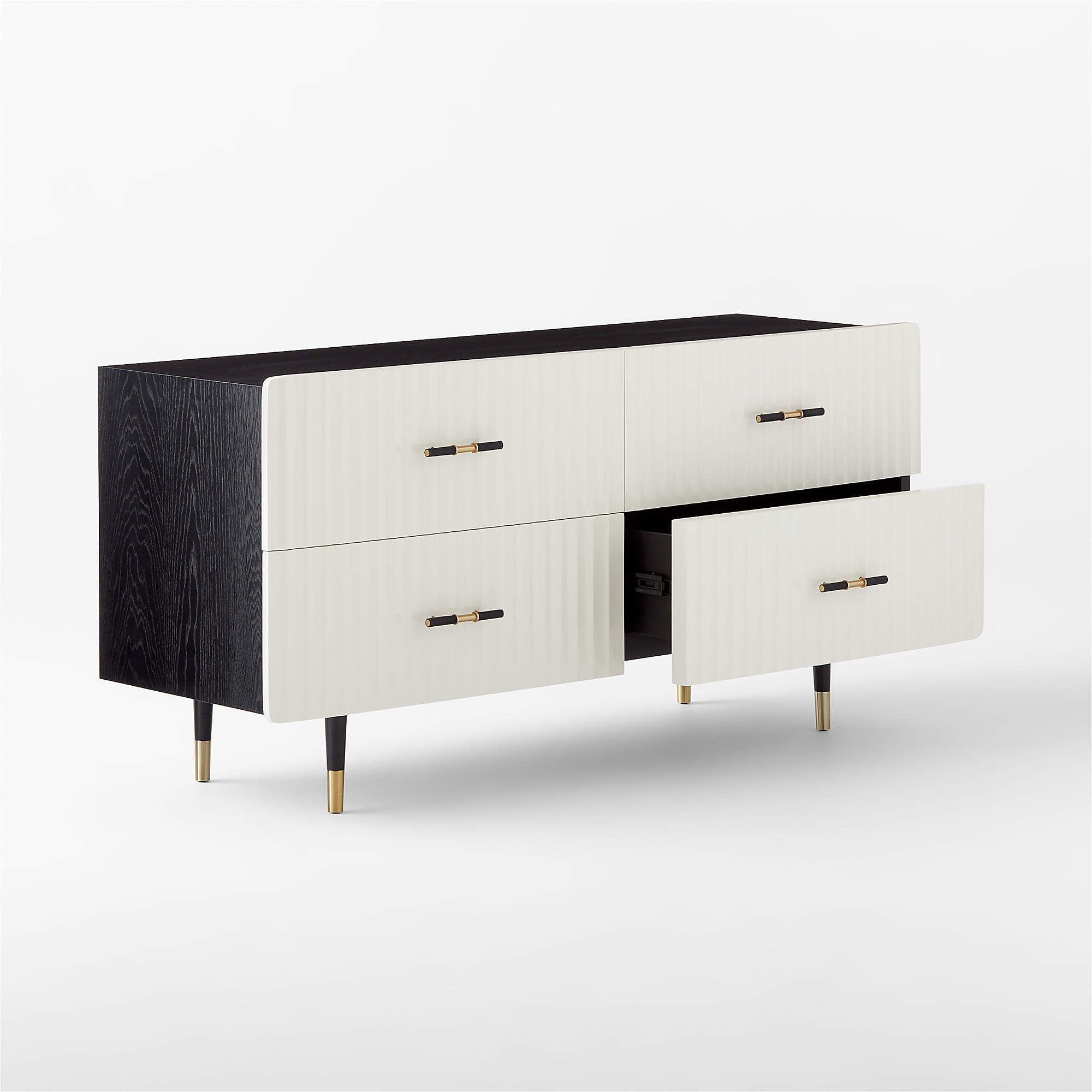 Crimped 59" White Lacquered Oak 4-Drawer Dresser